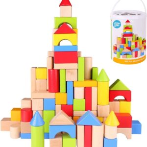 Pidoko Kids Wooden Blocks – 100 Pcs – Building Blocks for Toddlers – Includes Storage Container with Shape Sorter Top – Hardwood Plain & Colored Wood Blocks – Preschool Block Learning Toys