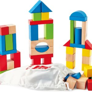 Maple Wood Kids Building Blocks by Hape | Stacking Wooden Block Educational Toy Set for Toddlers, 50 Brightly Colored Pieces in Assorted Shapes and Sizes
