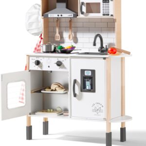 Tiny Land Play Kitchen for Kids, Wooden Kids Play Kitchen Playset Chef Pretend Play Set for Toddlers with Real Lights & Sounds, Toys Kitchen with 18 Pcs Toy Food & Cookware Accessories