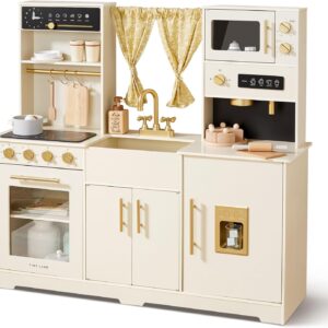 Tiny Land Play Kitchen for Kids, Toy Kitchen Set with Plenty of Play Features, New Modern Kids Wooden Play Kitchen Designed in Trendy Home Style with Curtains, Gift for Ages 3+