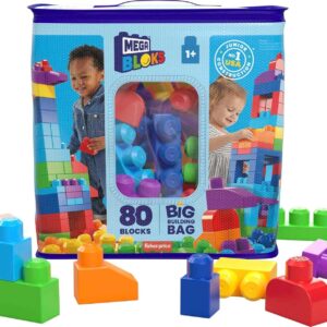 MEGA BLOKS First Builders Toddler Blocks Toys Set, Big Building Bag with 80 Pieces and Storage, Blue, Ages 1+ Years
