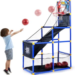 JOYIN Arcade Basketball Game Set with 4 Balls and Hoop for Kids 3 to 12 Years Old Indoor Outdoor Sport Play – Easy Set Up – Air Pump Included – Ideal for Competition
