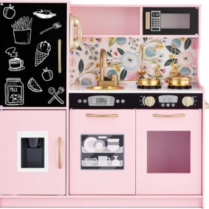 Best Choice Products Pretend Play Kitchen Wooden Toy Set for Kids w/Realistic Design, Telephone, Utensils, Oven, Microwave, Sink – Pink Floral