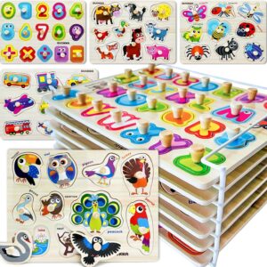 QUOKKA Wooden Puzzles for Toddlers 1-3 – 6XSET Toddler Puzzles Ages 2-4 with Rack – Learning Alphabet, Numbers and Animals Toy Puzzles for Toddlers 3-5 – Wood Games Gift for Boys and Girls